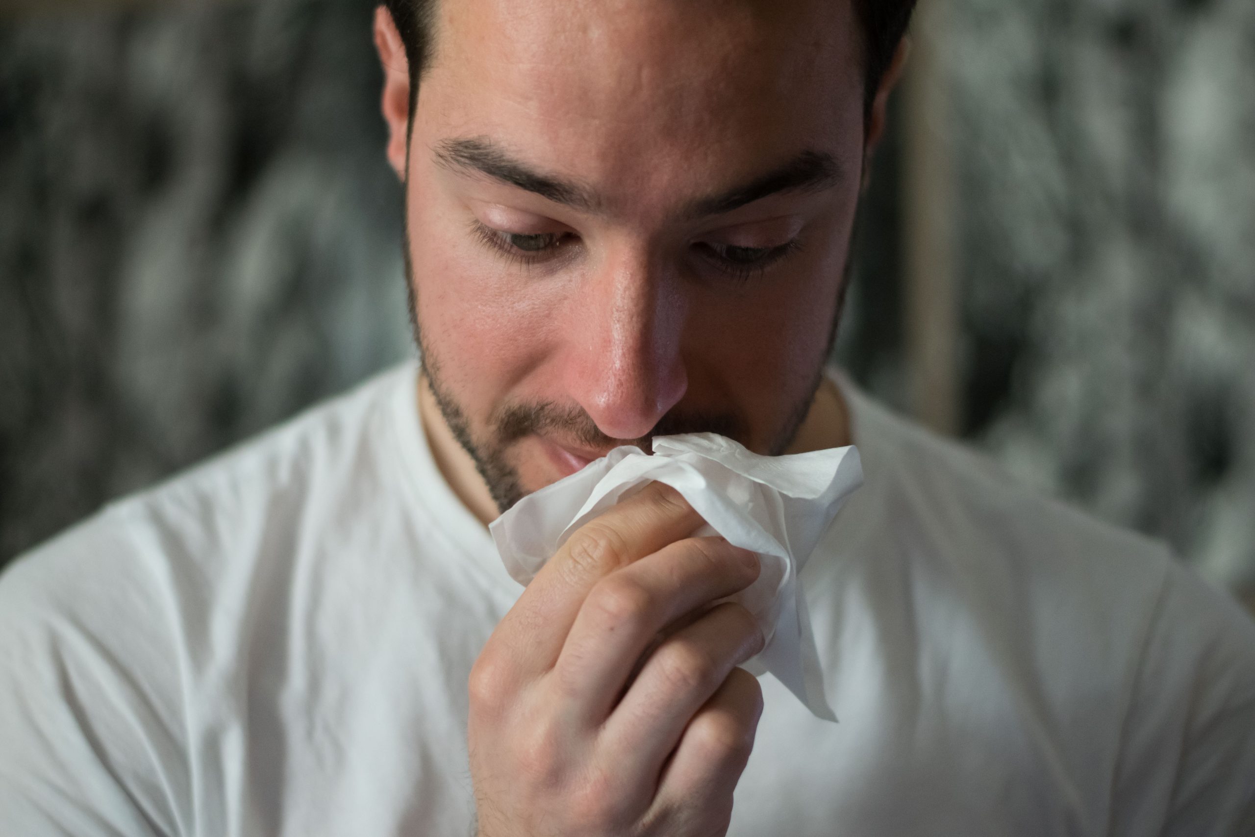 closeup of a man with a red nose and tissue in his hand.